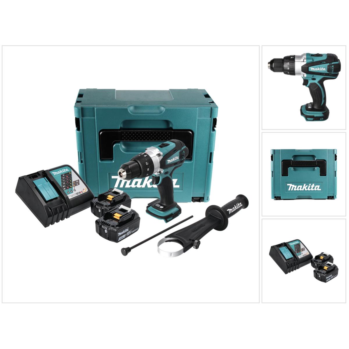 Makita, Trapano + Avvitatore a batteria, DHP 458 RFJ Trapano a percussione a batteria 18V 91Nm in Makpac + 2x 3,0 Ah batteria + caricatore