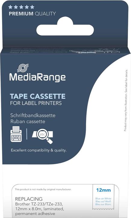 Produktbild MediaRange Schriftbandkassette blau auf weiÃŸ 8m x 12mm (1.20 cm, Weiss, Blau)