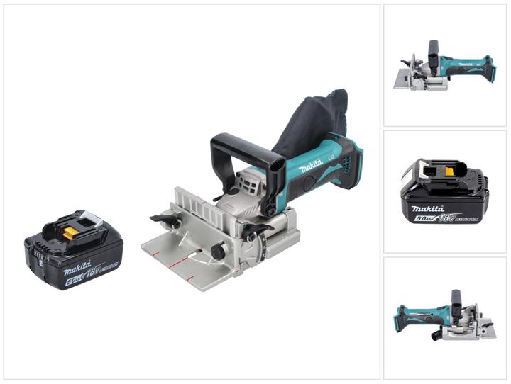 1x Makita DPJ 180 cordless slot cutter, 1x pre-clamp ( 415579-2 ), 1x dust bag ( 123150-5 ), 1x slot cutter 100 mm ( B-20644 ), 1x face spanner, 1x Makita BL 1850 B 18 V 5.0 Ah rechargeable battery