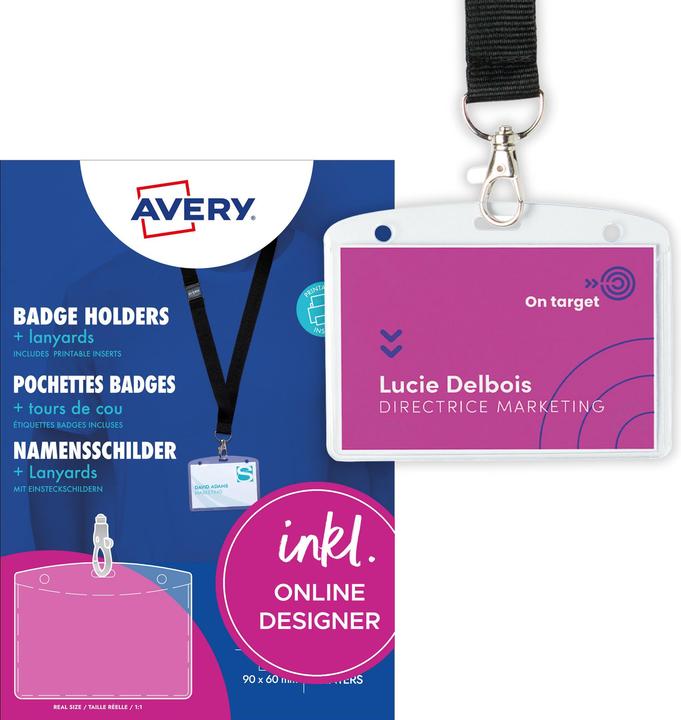 Produktbild Avery Zweckform Namensschild-Tasche, 90 x 60 mm, mit Lanyard transparent, aus PVC-freiem Material, mit 3-f