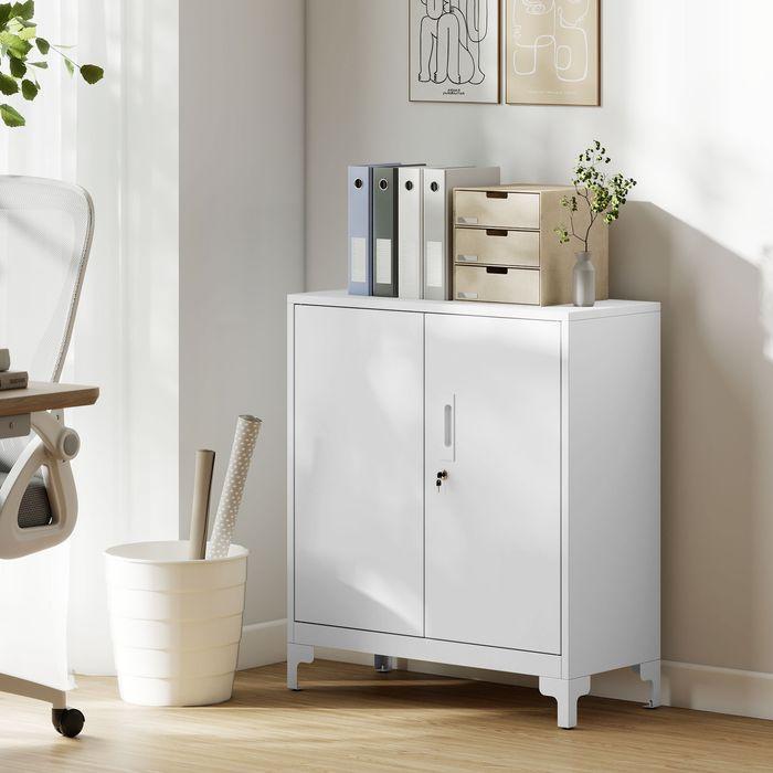 Produktbild Swisshandel24 Büroschrank aus Metall, verschliessbare Türen, Bürokommode, 2-stufiges Design, Weiss (80 x 35 x 91 cm)