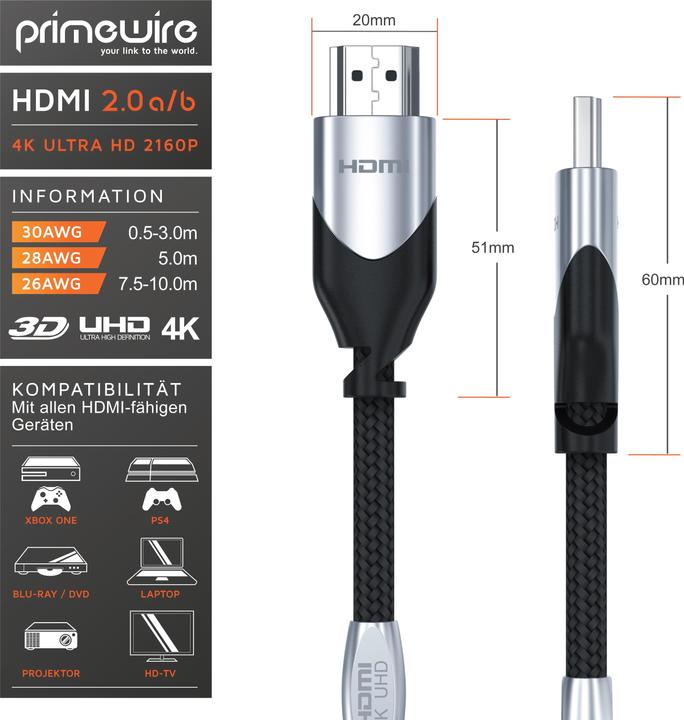 Actual product image Primewire HDMI cable 2.0b - 4k 60Hz Ultra HD - Ethernet Highspeed - 3 x shielded - Full HD - 3D - ARC (1 m, HDMI)