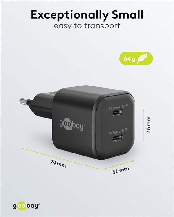 Produktbild Goobay USB-C PD GaN Dual-Schnellladegerät Nano 35 W schwarz (35 W, 2 Ports)