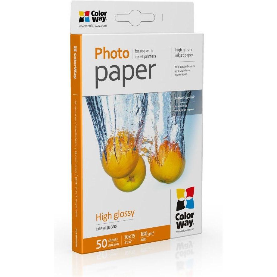 Colorway High Glossy Photo Paper, 50 Sheets, 10x15, 180 g/m² (180 g/m², 10 x 15 cm, 50 x), Fotopapier, Weiss
