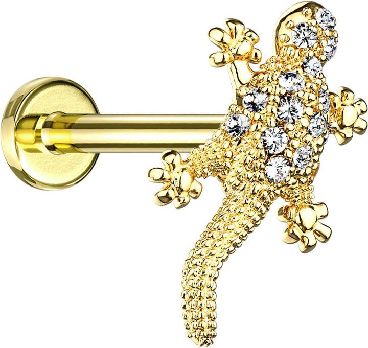 Actual product image Star Piercing Micro Labret Internal Thread 14k Gold Plated Lizard with Crystals (Surgical steel 316L, Brass)