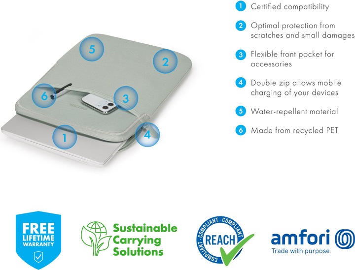 Image du produit Dicota Sleeve Eco SLIM S, silver sage (13", Microsoft) (13", Microsoft)