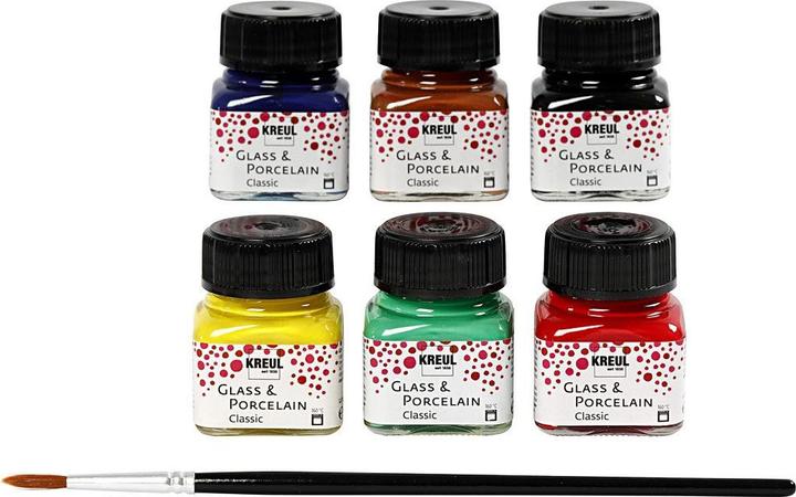 Produktbild Kreul Glass & Porcelain Classic Set (Grün, Schwarz, Cognac, Royalblau, Karminrot, Kanariengelb, 120 ml)