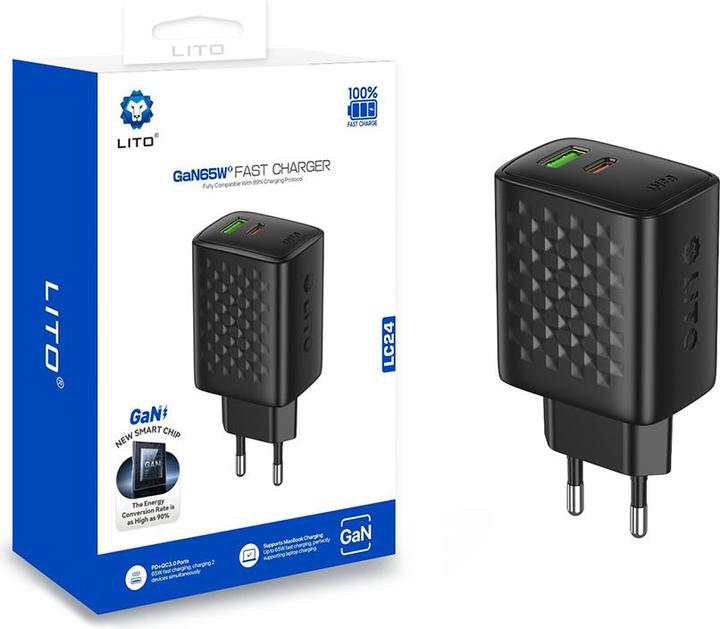 Immagine prodotto Lito - Wall Charger (LC24) - Type-C, USB Output, PD65W, GaN, PC Fireproof, EU Plug - Black (65 W)