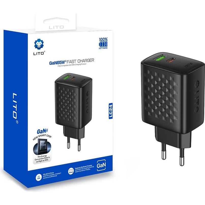 Lito - Wall Charger (LC24) - Type-C, USB Output, PD65W, GaN, PC Fireproof, EU Plug - Black (65 W), Caricatore USB, Nero