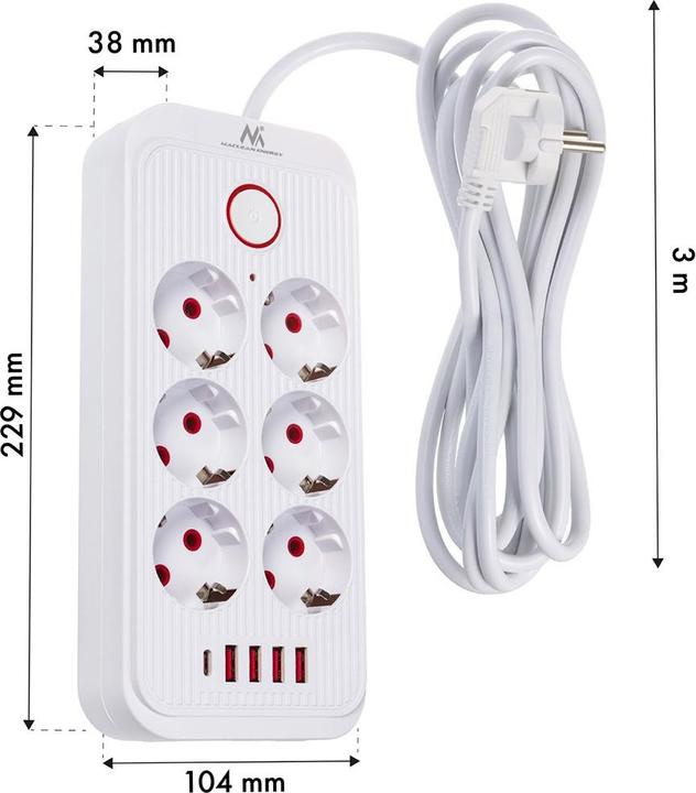 Produktbild Maclean Steckdosenleiste, Verlängerungskabel mit 6 Steckdosen + 4 USB-Anschlüssen (6x, USB-A, USB-C, 3 m)