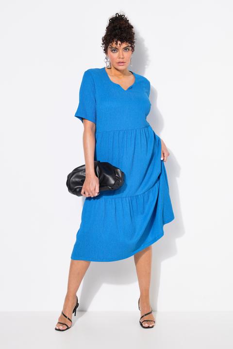 Actual product image Ulla Popken Tiered Flounce Panel Short Sleeve Split Neck Dress (56)