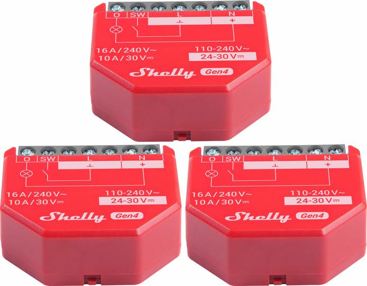 Shelly Relais 1PM Gen4, 16 A, WLAN, Bluetooth, rot, 3 Stück