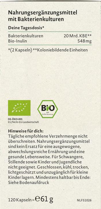 Nährwerte und Zutaten Nature Love Probiona Kulturen Komplex (120 Stück, Kapseln, 61 g)
