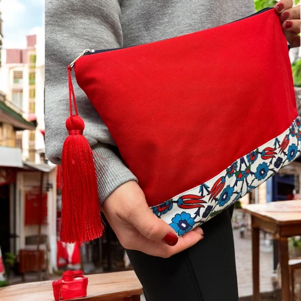 Atölye No:35, Necessaire, Kulturtasche Damen, Kosmetiktasche Rot, Ethnisches Muster, 32x24 cm, Rot