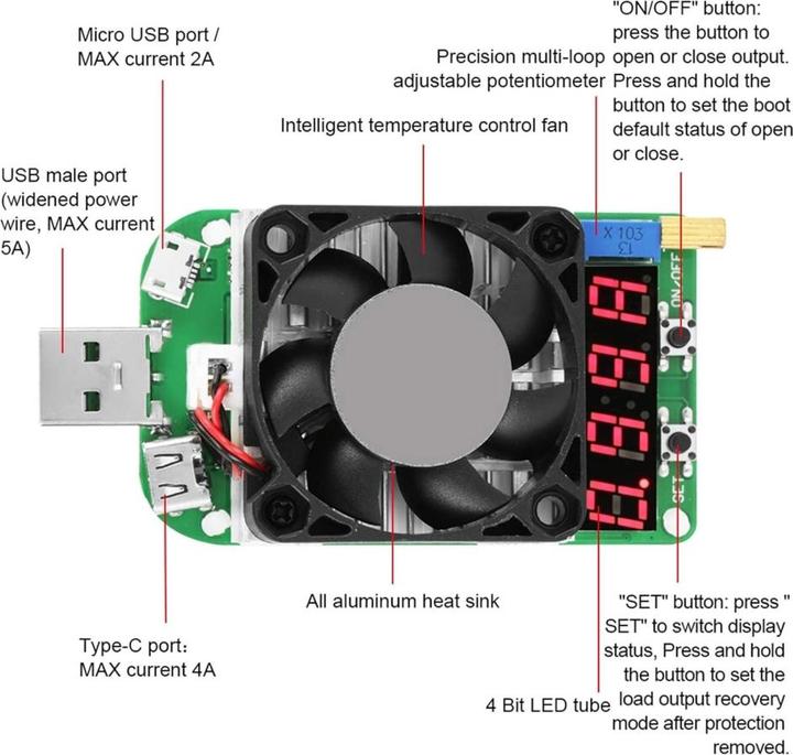 Produktbild PowerGuard LD35 USB Electronic Load Tester 35W DC 4–25V 0.25–5A