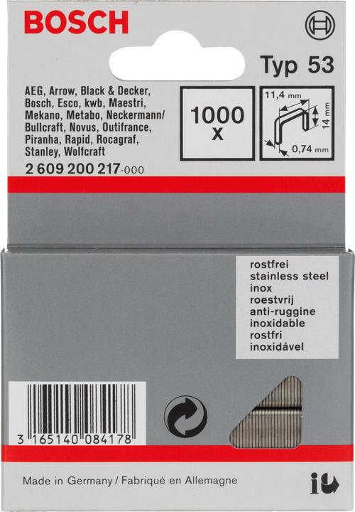 Produktbild Bosch Professional Zubehör Feindrahtklammer Typ 53, 11,4 x 0,74 x 14 mm, 1000er-Pack, rostfrei