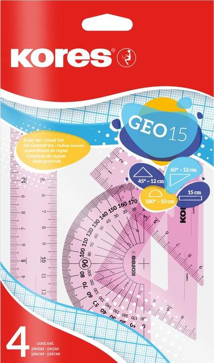 Actual product image Kores Geometry set GEO15, 4-piece, assorted colours (15 cm, Plastic)