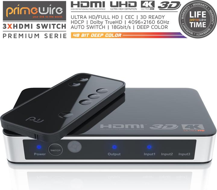 Actual product image Primewire HDMI Switch 4k Ultra HD, 3 Port, Distributor with Remote Control, 4K, 3D, CEC, ARC
