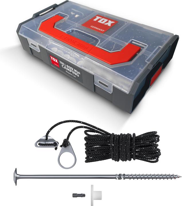 Immagine prodotto Tox L-Boxx Mini Camping kit de tension (19 pcs) Vis de tente 8x220 mm + Corde de tension Ø 4mm / 4m (19 Viti per pezzo)