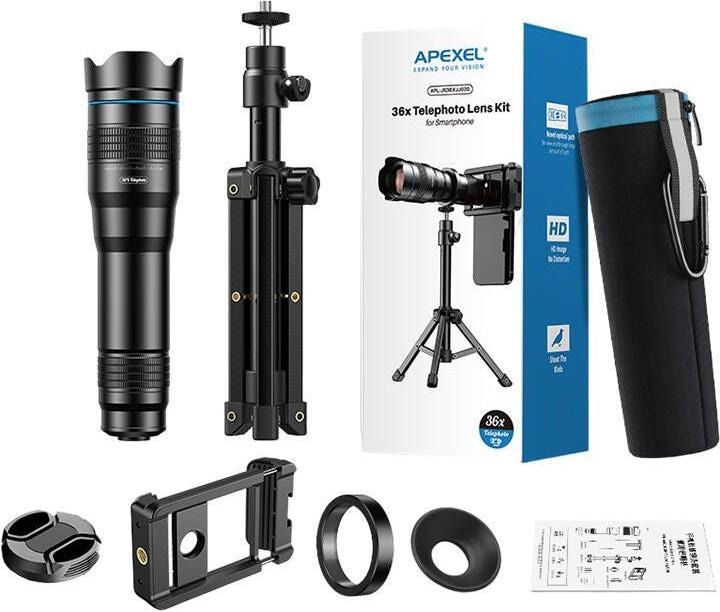 Actual product image Apexel 36X camera lens APL-36XJJ020 with tripod (black)