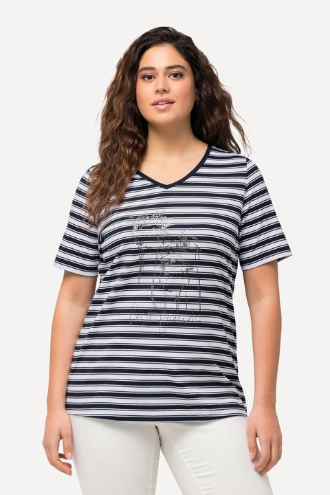 Immagine prodotto Ulla Popken T-shirt a righe con design metallico con animale, scollo a V e mezze maniche (42, 44)