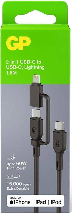 Image du produit GP Batteries GP 60W Lade- & Sync Kabel USB-A auf USB-C und Lightning (1.50 m, USB 2.0, 60 W)