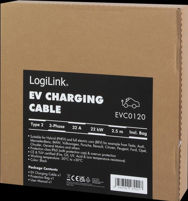 Immagine prodotto LogiLink Cavo di ricarica per auto elettriche (Tipo 2, 22 kW, 42 A, 2.50 m)