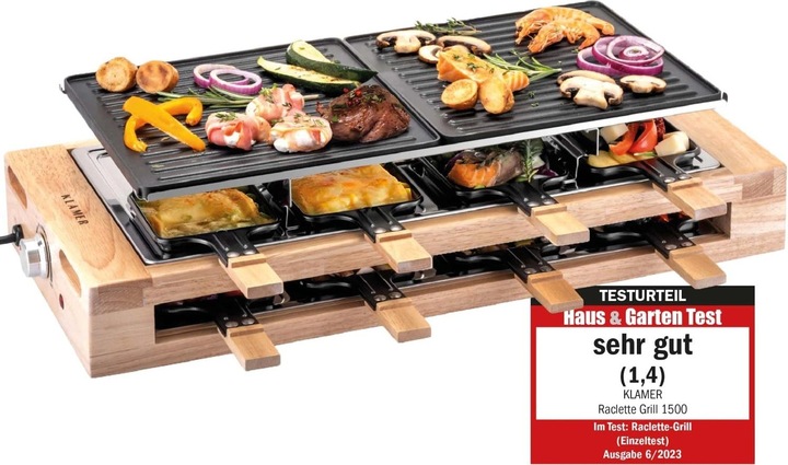Produktbild KLAMER Raclette 8 Personen 1500W Raclette Grill mit Holzgestell