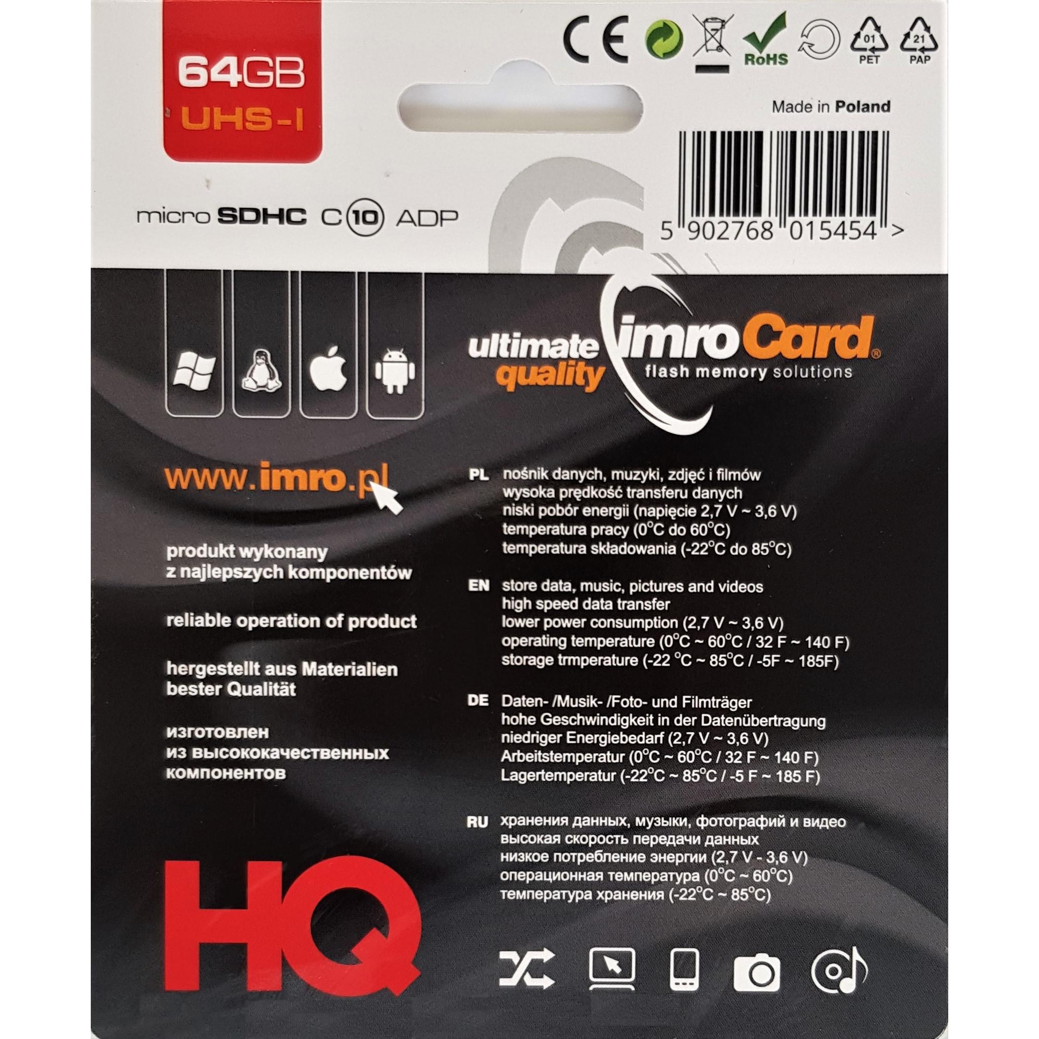 Thumbnail - IMRO 10/64G UHS-I ADP - 64 GB - MicroSDHC - Klasse 10 - UHS-I - 82 MB/s - 21 MB/s (64 GB, microSDHC, U1, UHS-I), Speiche...