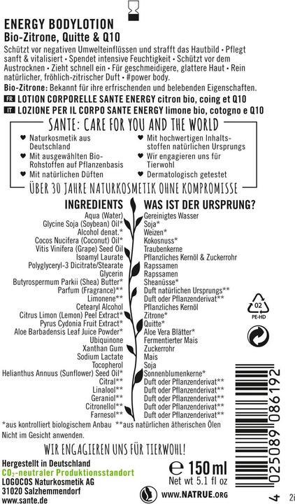 Image du produit Sante Lotion corporelle Energy Citron bio & Coing & Q10 (Crème pour le corps, 150 ml)