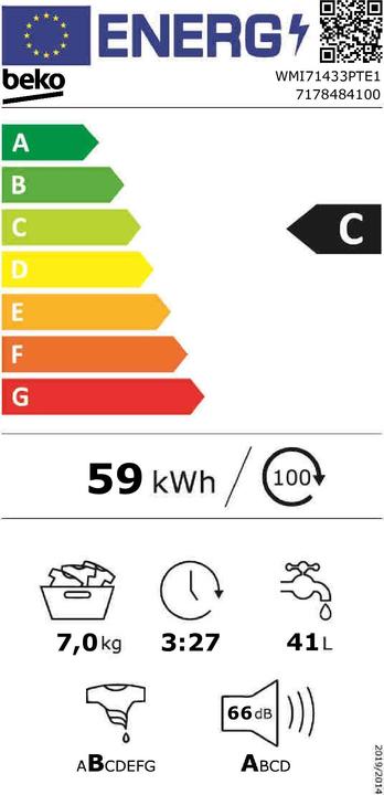 Energy Label Beko WMI71433PTE1 Washing Machine Built-in Front Loader C (7 kg, Left)