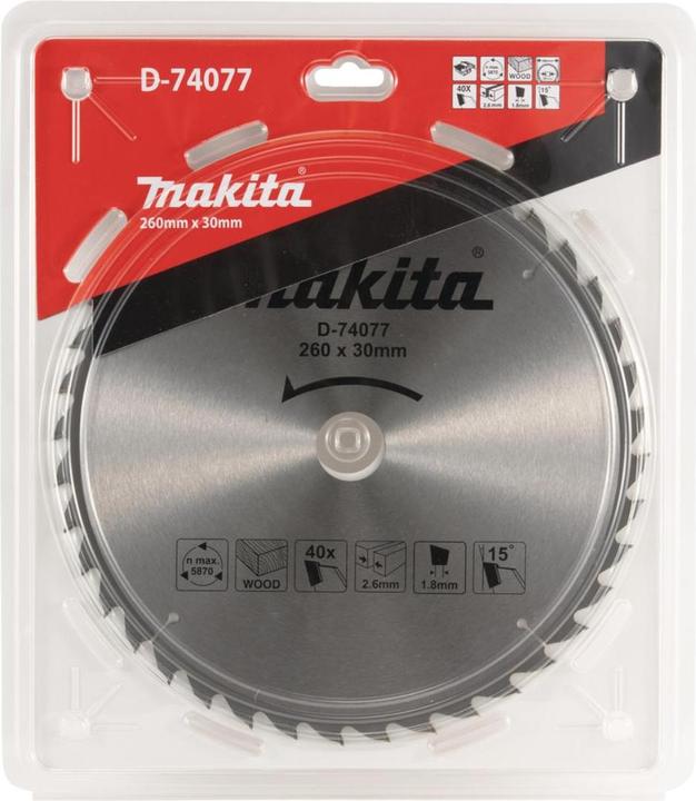Image du produit Makita D-74077 Scie en carbure 260 x 2,6 x 30 mm 15° T40 Bois standard