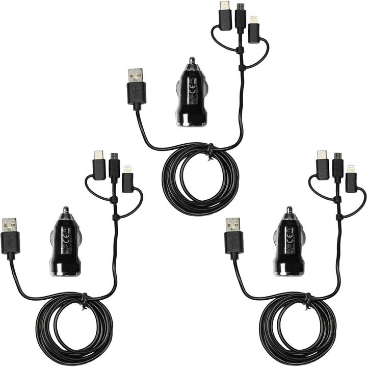 Image du produit Benson Lot de 3 chargeurs de voiture 3en1 avec connecteurs USB-C, Micro-USB & Lightning, noir
