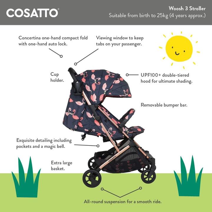 Produktbild Cosatto Leichter Kinderwagen mit Regenschutz, Sonnenschutz und Korb, bis 25 kg, einhändig klappbar