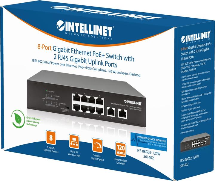 Actual product image Intellinet 8-Port Gigabit Ethernet PoE+ Switch with 2 RJ45 Gigabit Uplink Ports (8 ports)