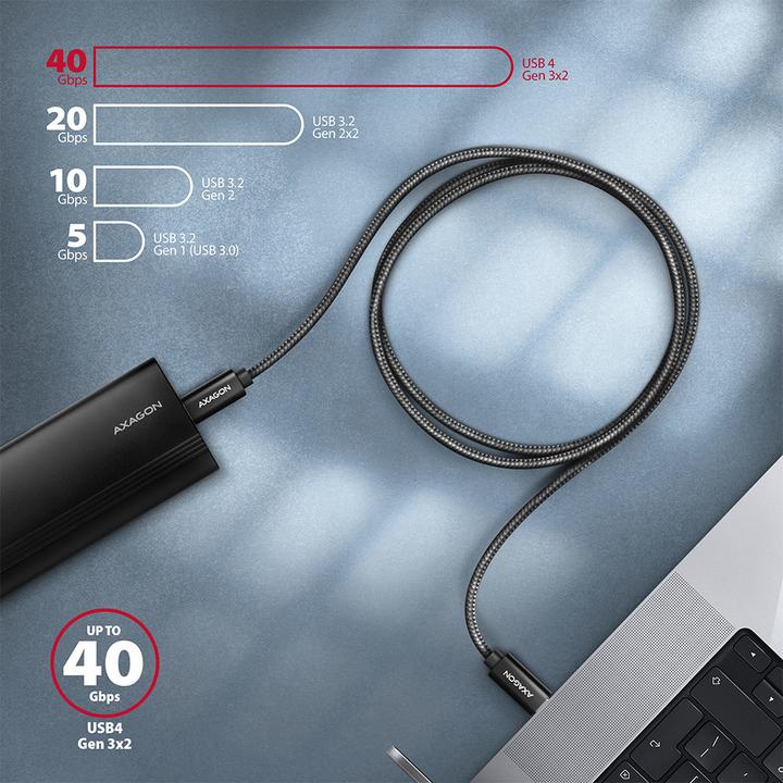 Actual product image Axagon BUCM432-CM10AB USB-C to USB-C cable, USB4 Gen 3×2, 1m, PD 100W, 8K HD, ALU, braided - black (1 m, USB 4.0, 100 W)