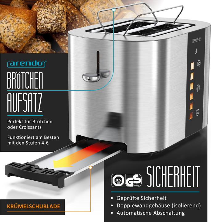 Produktbild Arendo Toaster Edelstahl 2 Scheiben Kurzschlitz, Touch Display, Restzeit & Bräunungsgradanzeige, 800 W