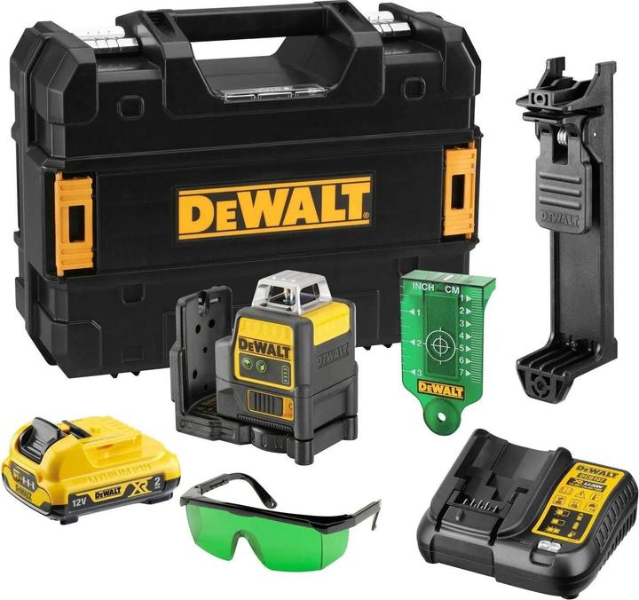 Laser goggles, Target plate, Wall mount, Transport case., 10.8V/2AH XR rechargeable battery (DCB127), Charger (DCB107)