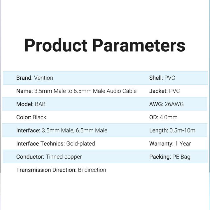 Nutritional values and ingredients Vention 3.5mm TRS Male to 6.35mm Male Audio Cable 3m BABBI (black) (3 m, AUX cable)