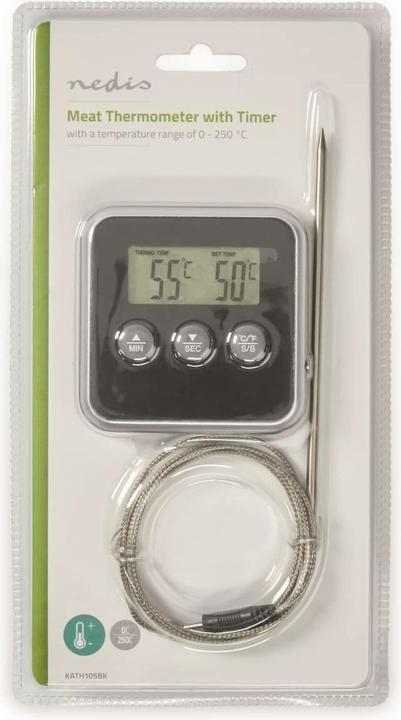 Immagine prodotto Nedis Termometro per carne 0-250 °C Display digitale Timer 80 mm Argento/Nero