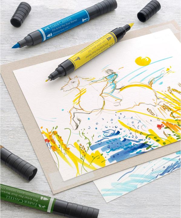 Produktbild Faber-Castell Tuschestift (#120 Ultramarine, #125 Middle Purple Pink, #175 Dark Sepia & #199 Black, #107 Cadmium Yellow, #219 Deep Scarlet Red, #109 Dark Chrome Yellow, #170 May Green, 10 x)