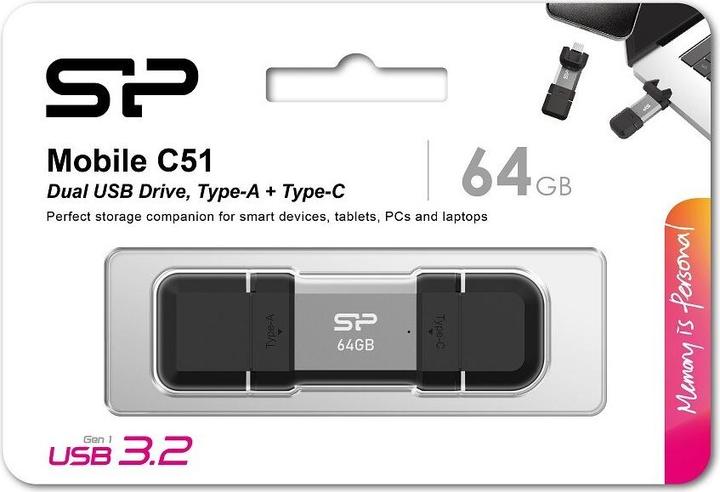 Produktbild Silicon Power 64 GB, USB TYPE-A and TYPE-C FLASH DRIVE, MOBILE C51, Silver (64 GB, USB-A, USB-C)