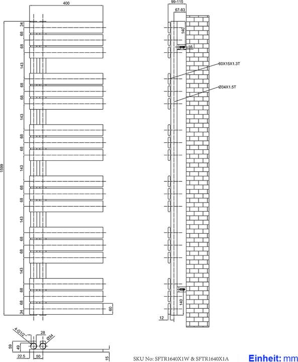 Produktbild Emke Badheizkörper Handtuchhalter Handtuchwärmer 160x40cm Weiss 684w (684 W)
