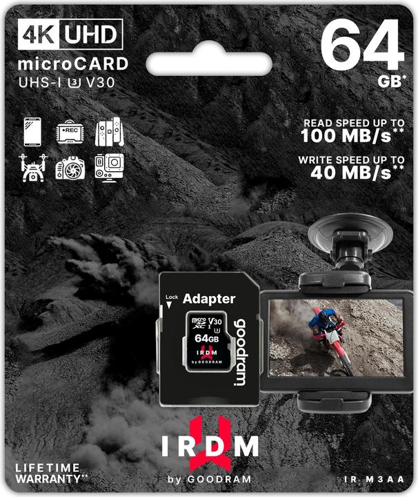 Produktbild Goodram Microcard IRDM + adapter (64 GB, microSDXC, U3, UHS-I)