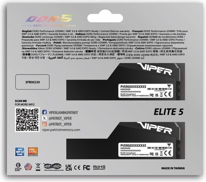 Immagine prodotto Patriot DDR5 PC6000 64GB 2x32 Viper Elite 5 Ultra CL28 (VEU564G6028K) (2 x 32GB, 6000 MHz, RAM DDR5, DIMM)