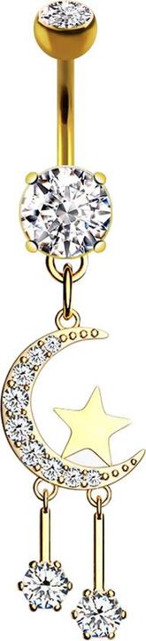 Actual product image Star Piercing Banana 14k gold-plated with two spheres crystal silver pendant moon and stars (Brass, Surgical steel 316L)