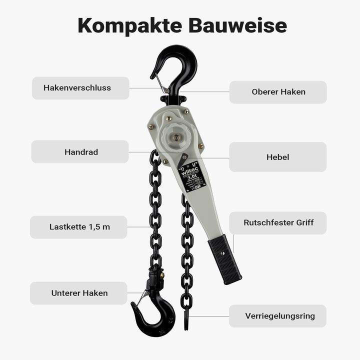 Produktbild Wiltec Hebelzug 3t x 1,5m Hebezeug 360° Griff Kettenzug Flaschenzug Tragmittel
