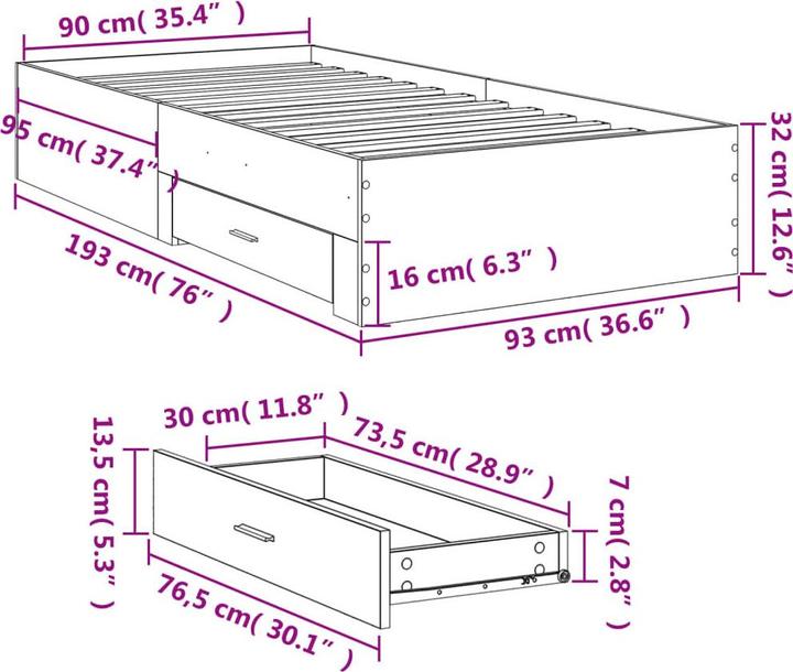 Image du produit VidaXL Cadre de lit avec tiroirs (90 x 190 cm)