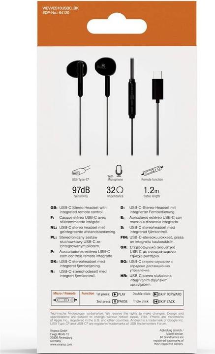 Image du produit Vivanco Casque stéréo USB-C Capsule In-Ear, noir, filaire, télécommande incluse (Filaire)