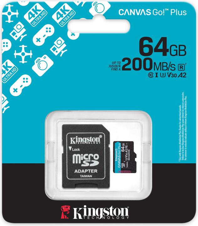 Image du produit Kingston Card Canvas Go Plus MicroSD +ADP 64GB (64 Go, microSDXC, U3, UHS-I)